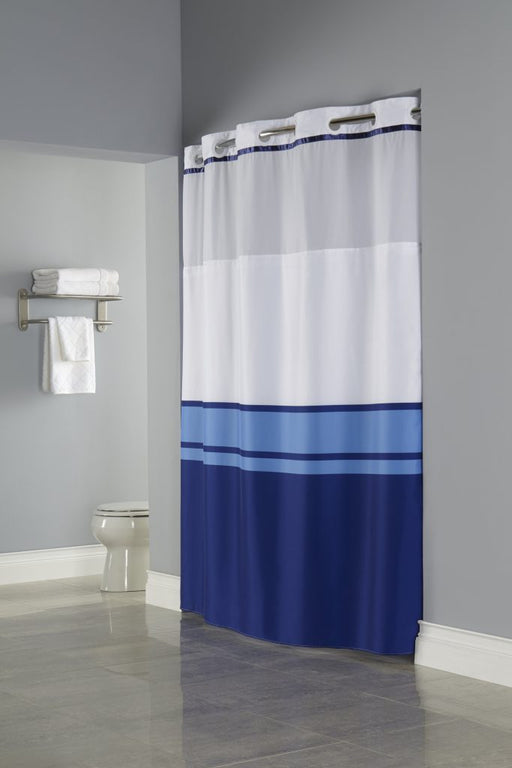 71 x 77 - Brooks Hookless blue on white shower curtain with replaceable liner and translucent window. Polyester shower curtain