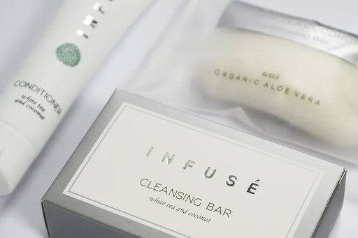 Hotel facial soap. Infuse collection. 20 g cleansing bar, Small sachet. From vegan-friendly, white tea and coconut fragrance collection. 400 Items pack, 0.23 USD per item