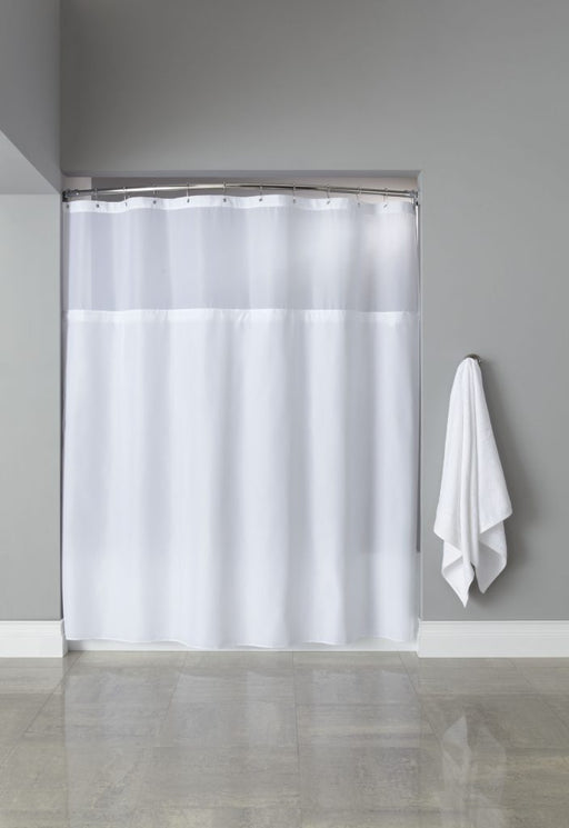 71x72 Premium Poly Hooked shower curtain. Polyester shower curtain with translucent window. Price per dozen