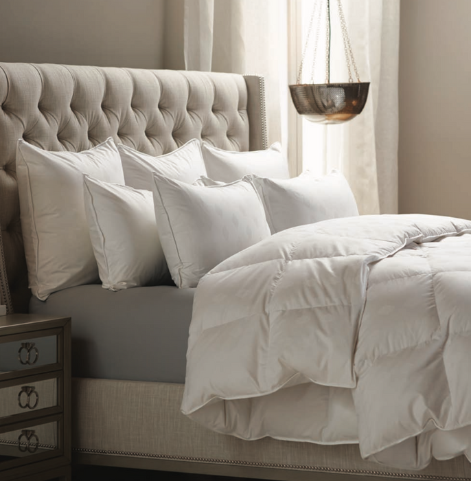 Luxury duvet insert from Baffle box stitch collection. Snow white down fill. Duvet insert is available in three warmth levels and four sizes, plus King XL size