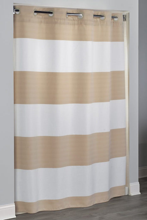 71x77 - Sonoma Stripe Hookless white and beige shower curtain for shower stalls. Plain polyester shower curtain with replaceable liner. Price per dozen