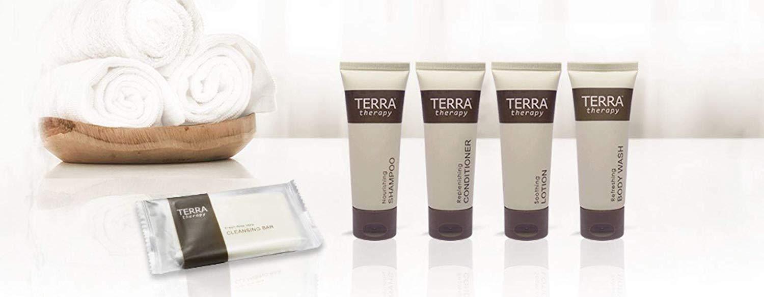 Hotel soaps. Terra therapy-cleansing facial bar. 28 g, 0.98 oz sachet. 500 items pack, 0.24 USD per item