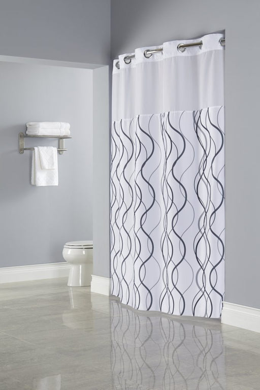 Hotel shower curtains. Hookless waves model