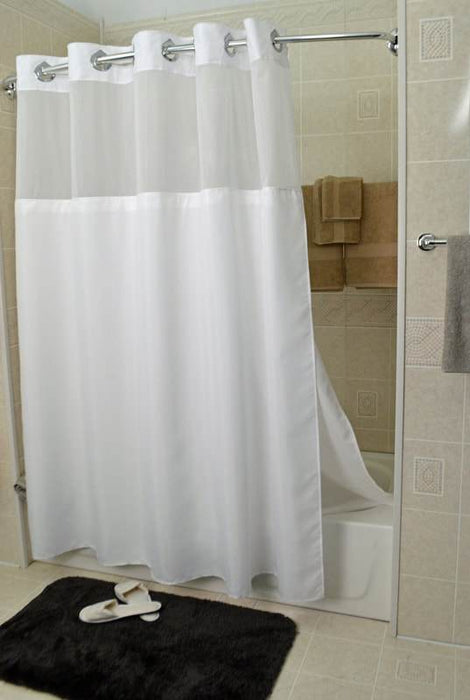 Duo Poly Hang2it Shower Curtains Wholesale. Polyester shower curtain with translucent window and snap away liner. Price per dozen