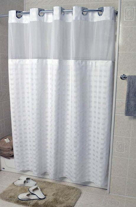 72x77 - Vision check Hang2it shower curtains. Polyester shower curtain with window and liner. Price per dozen