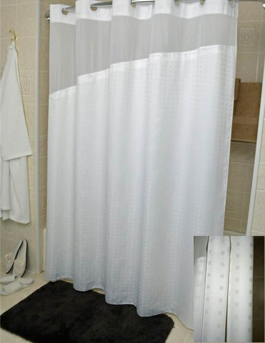 71x77 - Holiday Hang2it Shower Curtains. White polyester shower curtain with window and liner. Price per dozen