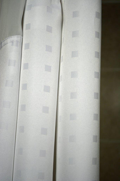71x77 - Holiday Hang2it Shower Curtains. White polyester shower curtain with window and liner. Price per dozen
