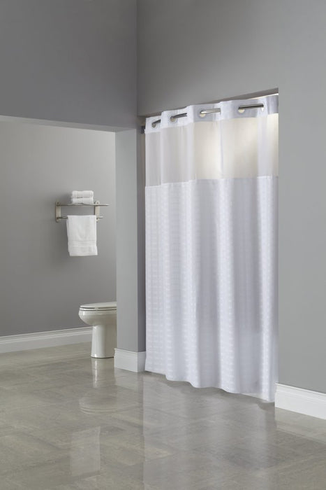 Hookless hotel shower curtain with liner and window