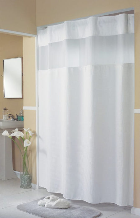 71 x 77 - Mini waffle white shower curtain with replaceable liner and translucent window. Polyester shower curtain