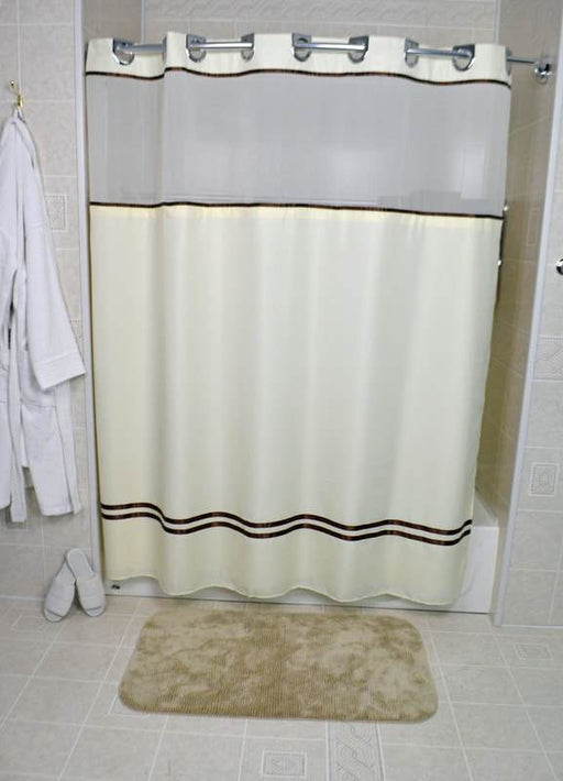 72x74 - Beige Matt Satin Hang2it Shower Curtains. Polyester shower curtain with window and liner. Price per dozen
