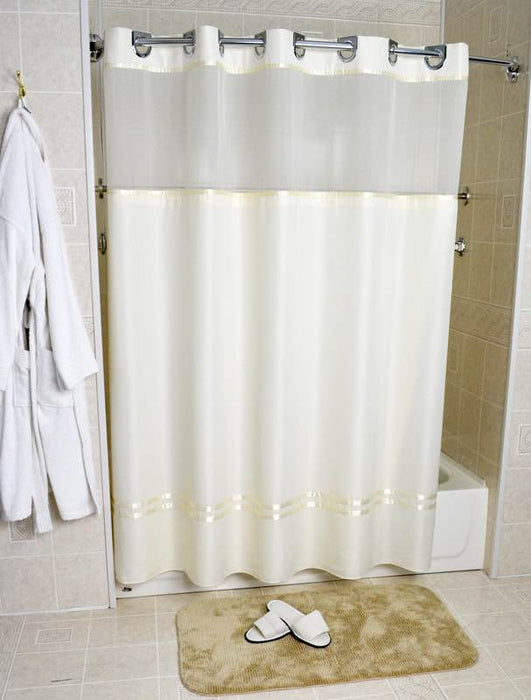 72x74 - Beige Matt Satin Hang2it Shower Curtains. Polyester shower curtain with window and liner. Price per dozen